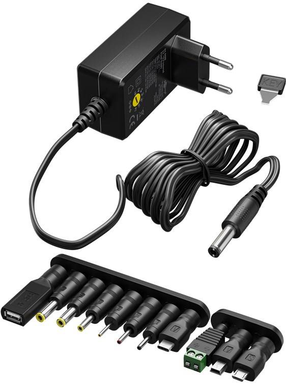 Goobay 65592 Universal-Netzteil (3 V - 12 V, max. 3,6 W / 0,3 A), Schwarz, 1.8 m - inkl. 11 Adapter: 7 DC-Adapter plus USB-C™, USB-A, USB Mini-B, Mi