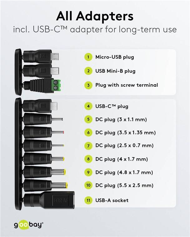Goobay 65592 Universal-Netzteil (3 V - 12 V, max. 3,6 W / 0,3 A), Schwarz, 1.8 m - inkl. 11 Adapter: 7 DC-Adapter plus USB-C™, USB-A, USB Mini-B, Mi