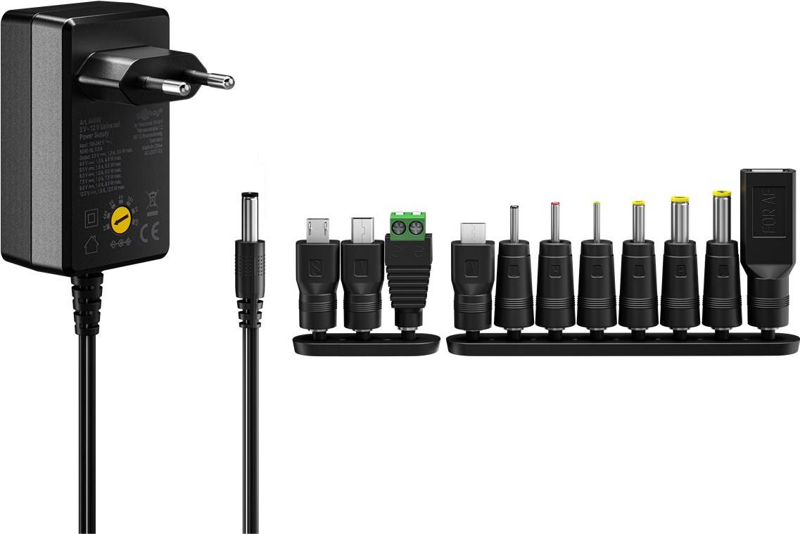 Goobay 74436 Universal-Netzteil (5 V - 15 V, max. 36 W / 2,4 A), schwarz, 1.8 m - inkl. 11 Adapter: 7 DC-Adapter plus USB-C™, USB-A, USB Mini-B, Mic