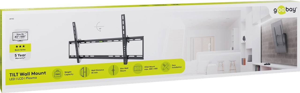 5x Goobay 49743 Basic TV-Wandhalterung Basic TILT (XL), Schwarz - Halterung für Fernseher von 43 bis 100 Zoll (109-254 cm), neigbar bis 75 kg