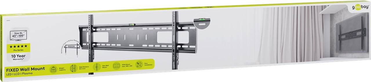 5x Goobay 49892 Pro TV-Wandhalterung Pro FIXED (XL), Schwarz - Halterung für Fernseher von 43 bis 100 Zoll (109-254 cm) bis 75 kg