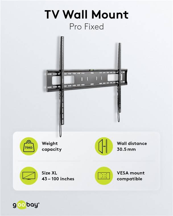 5x Goobay 49892 Pro TV-Wandhalterung Pro FIXED (XL), Schwarz - Halterung für Fernseher von 43 bis 100 Zoll (109-254 cm) bis 75 kg