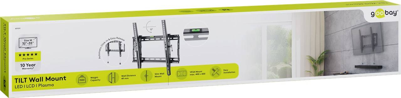 8x Goobay 49909 Pro TV-Wandhalterung Pro TILT (M), Schwarz - Halterung für Fernseher von 32 bis 55 Zoll (81-140 cm), neigbar bis 70 kg