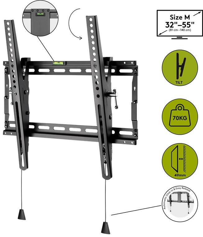 8x Goobay 49909 Pro TV-Wandhalterung Pro TILT (M), Schwarz - Halterung für Fernseher von 32 bis 55 Zoll (81-140 cm), neigbar bis 70 kg