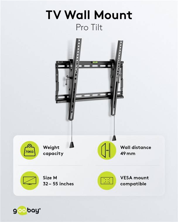 8x Goobay 49909 Pro TV-Wandhalterung Pro TILT (M), Schwarz - Halterung für Fernseher von 32 bis 55 Zoll (81-140 cm), neigbar bis 70 kg