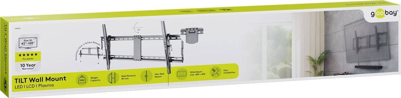 6x Goobay 49930 Pro TV-Wandhalterung Pro TILT (XL), Schwarz - Halterung für Fernseher von 43 bis 100 Zoll (109-254 cm), neigbar bis 70 kg