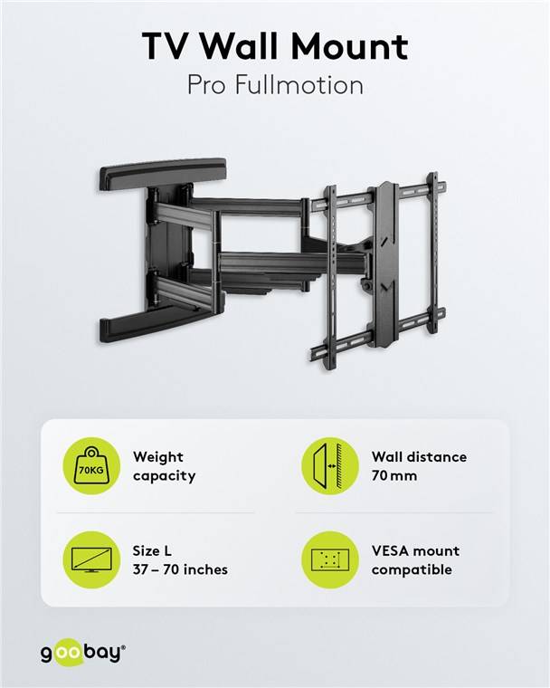 1x Goobay 49935 Pro TV-Wandhalterung Pro FULLMOTION (L) wide Range, Schwarz - Halterung für Fernseher von 37 bis 70 Zoll (94-178 cm), vollbeweglich