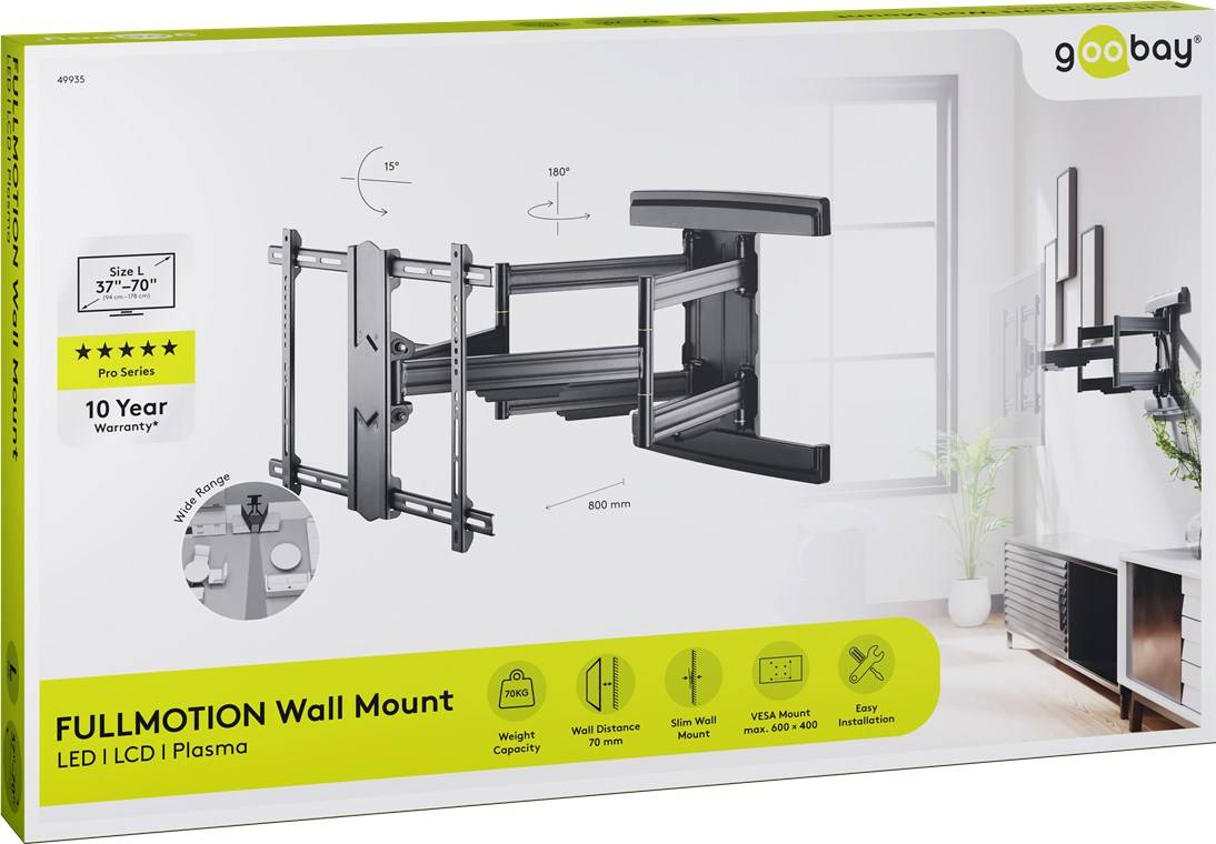 1x Goobay 49935 Pro TV-Wandhalterung Pro FULLMOTION (L) wide Range, Schwarz - Halterung für Fernseher von 37 bis 70 Zoll (94-178 cm), vollbeweglich