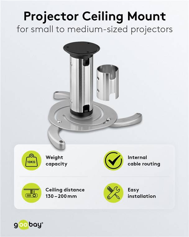 10x Goobay 51905 Basic Beamer-Deckenhalterung (M), Silber - für kleine bis mittlere Projektoren, vollbeweglich (silber) bis max. 10 kg