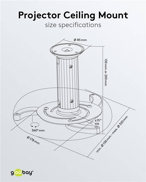 10x Goobay 51905 Basic Beamer-Deckenhalterung (M), Silber - für kleine bis mittlere Projektoren, vollbeweglich (silber) bis max. 10 kg