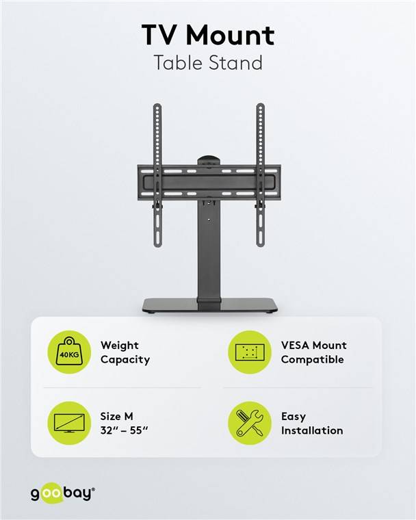 2x Goobay 58524 Basic TV-Standfuß Basic Fix, Schwarz - Halterung für Fernseher und Monitore zwischen 32 und 55 Zoll (81-140 cm), schwenkbar