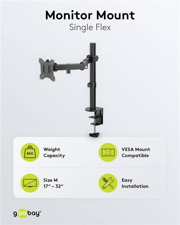 6x Goobay 58528 Basic Monitorhalterung Single Flex, schwarz, Schwarz - für Curved- und Flachmonitore zwischen 17 und 32 Zoll (43-81 cm) bis 8 kg