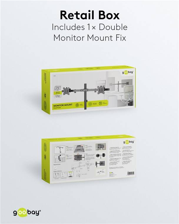 1x Goobay 59394 Basic Doppel-Monitorhalterung Fix, schwarz, schwarz - für Curved- und Flachmonitore zwischen 17 und 32 Zoll (43-81 cm) bis jeweils