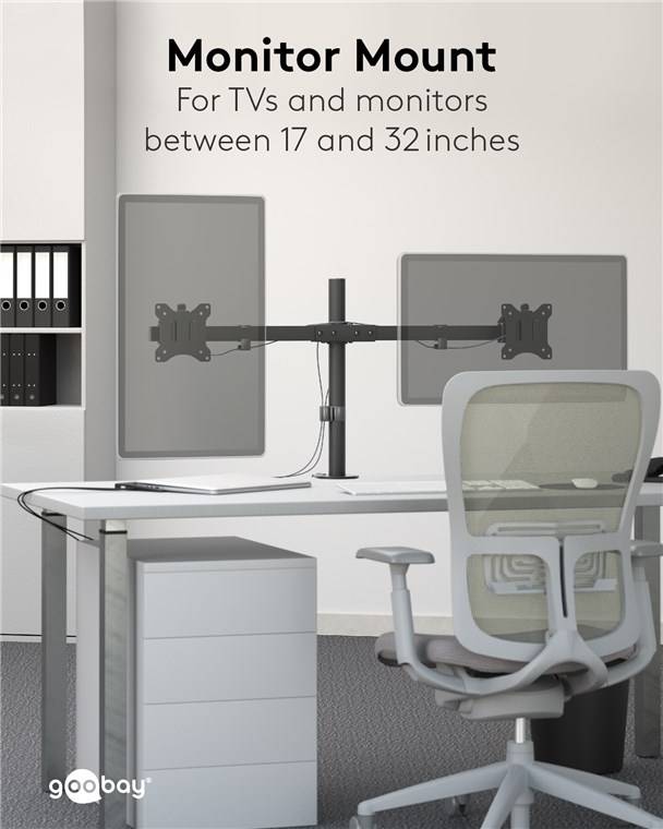 1x Goobay 59394 Basic Doppel-Monitorhalterung Fix, schwarz, schwarz - für Curved- und Flachmonitore zwischen 17 und 32 Zoll (43-81 cm) bis jeweils