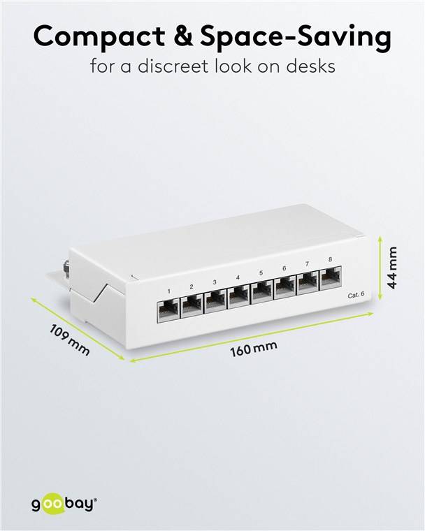 20x Goobay 62069 CAT 6 Mini/Desktop Patch Panel, 8 Port, (1 HE), Weiß - STP geschirmt, weiß