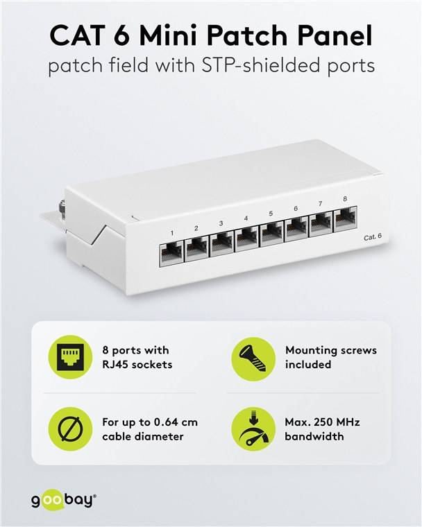 20x Goobay 62069 CAT 6 Mini/Desktop Patch Panel, 8 Port, (1 HE), Weiß - STP geschirmt, weiß