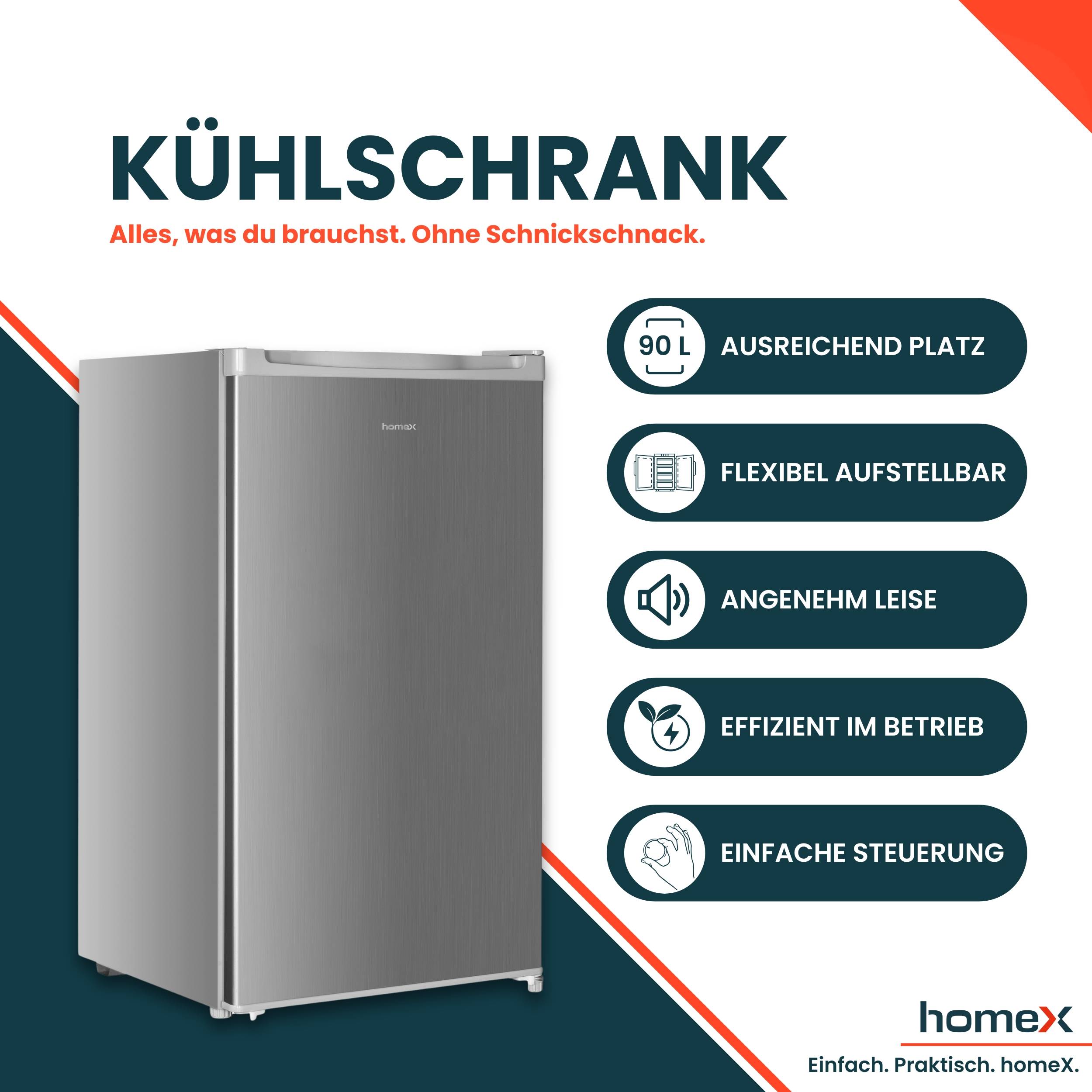 homeX CS0881-S Kühlschrank ohne Gefrierfach, Vollraumkühlschrank klein - 90L Nutzinhalt, freistehend und kompakt, silber