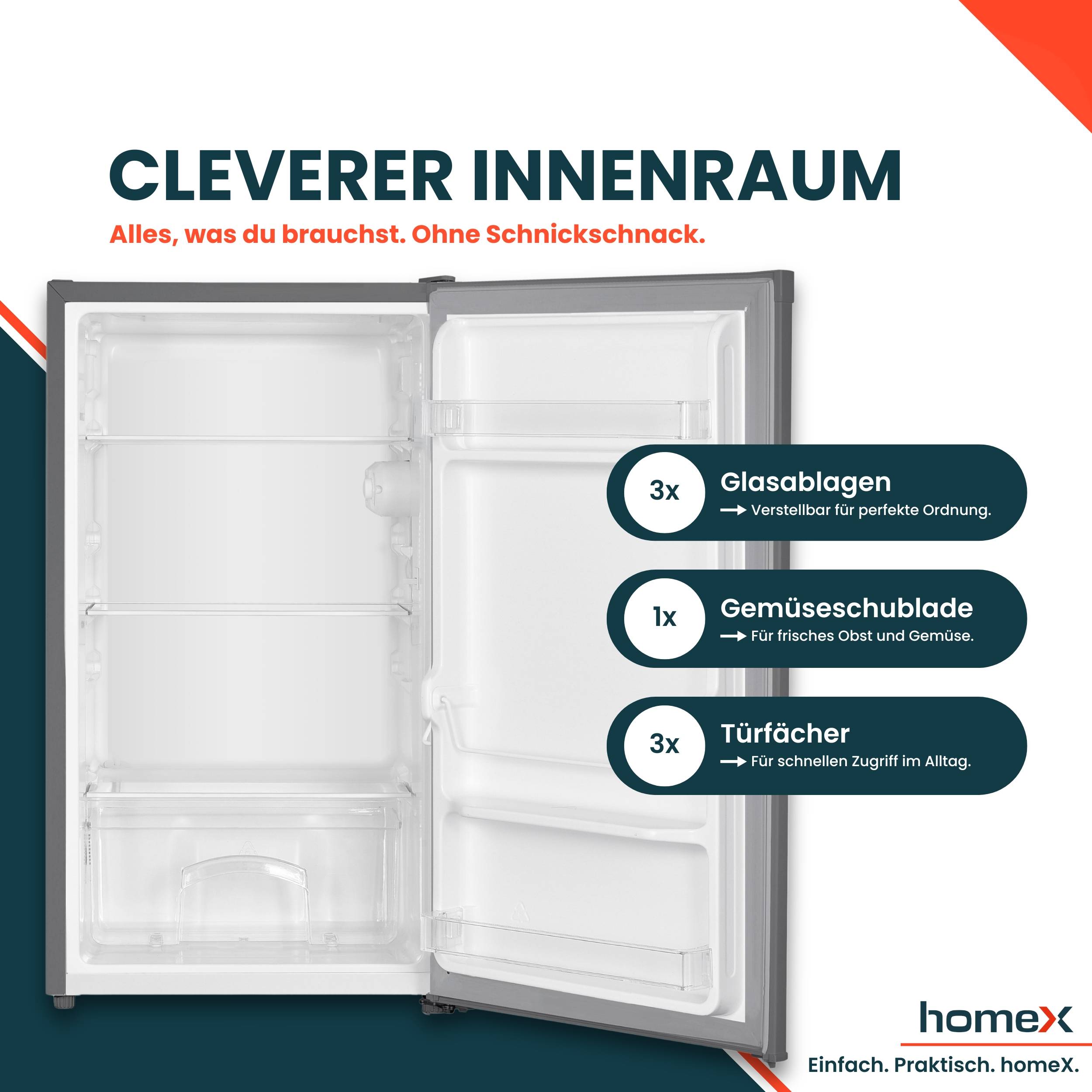 homeX CS0881-S Kühlschrank ohne Gefrierfach, Vollraumkühlschrank klein - 90L Nutzinhalt, freistehend und kompakt, silber