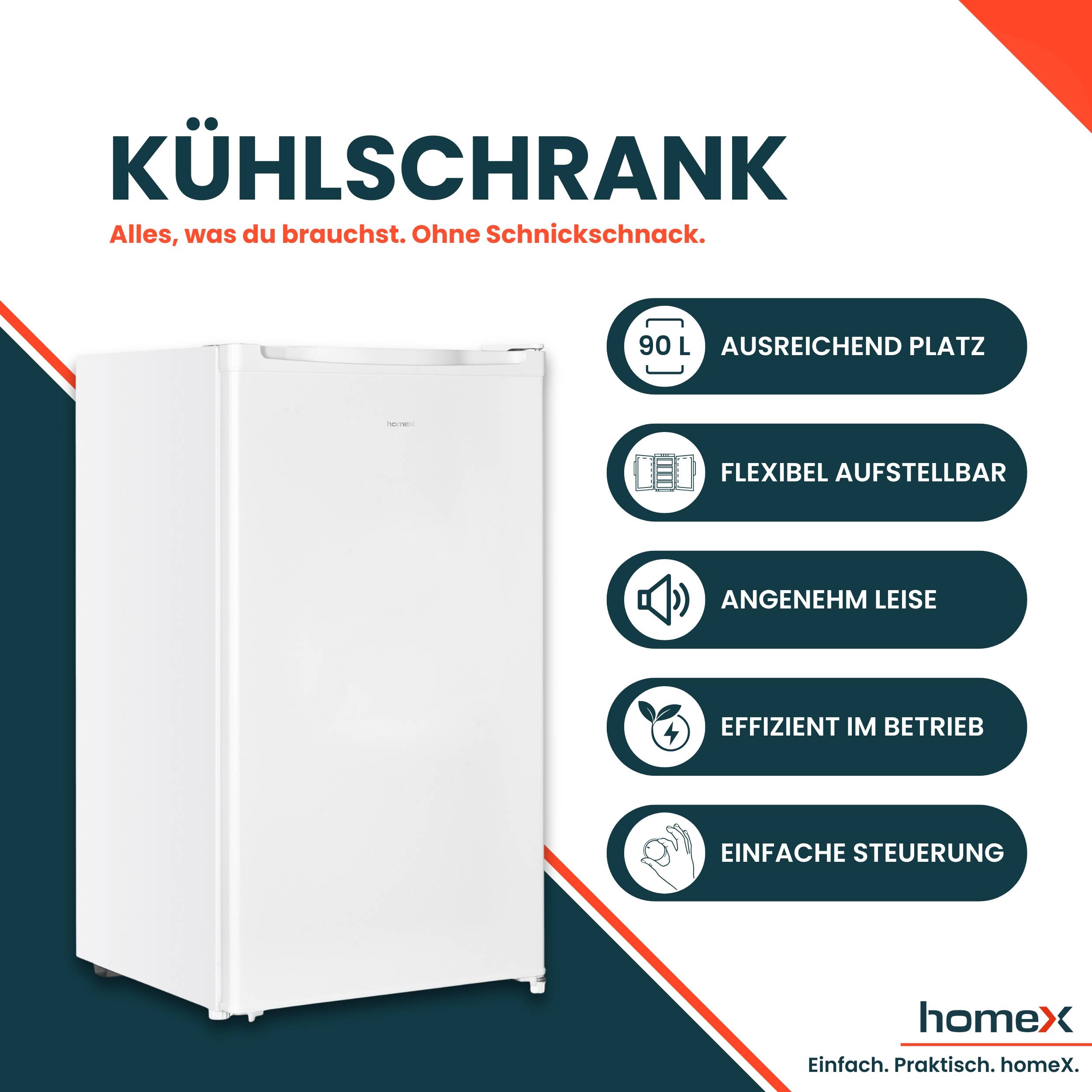 homeX CS0881-W Kühlschrank ohne Gefrierfach, Vollraumkühlschrank klein - 90L Nutzinhalt, freistehend und kompakt, weiß