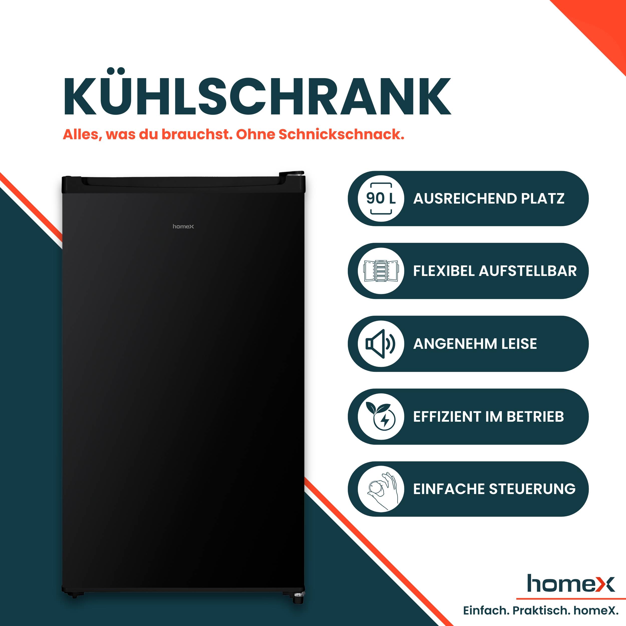 homeX CS0881-B Kühlschrank ohne Gefrierfach, Vollraumkühlschrank klein - 90L Nutzinhalt, freistehend, kompakt, schwarz