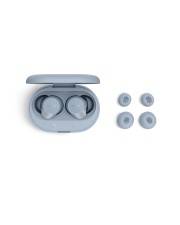 Offene graue kabellose Earbud-Ladestation mit zwei Ohrhörern im Inneren, abgebildet neben vier zusätzlichen Ohrstöpseln auf weißem Hintergrund.