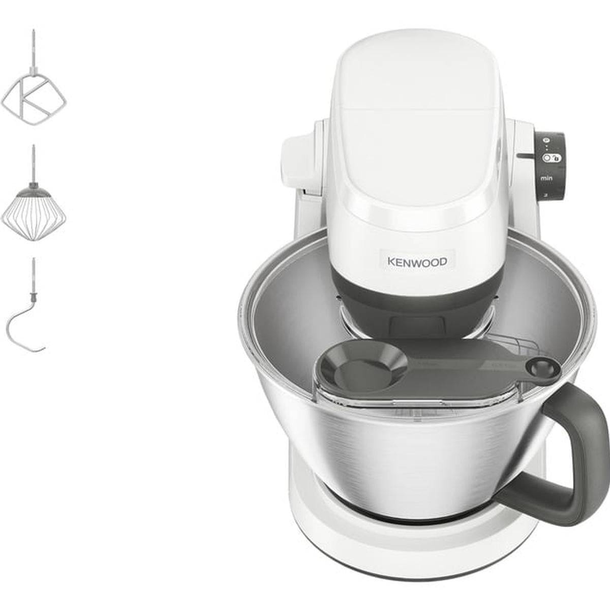 Kenwood Standmixer mit Rührschüssel und drei Aufsätzen, dargestellt links: Rührer, Schneebesen und Knethaken.