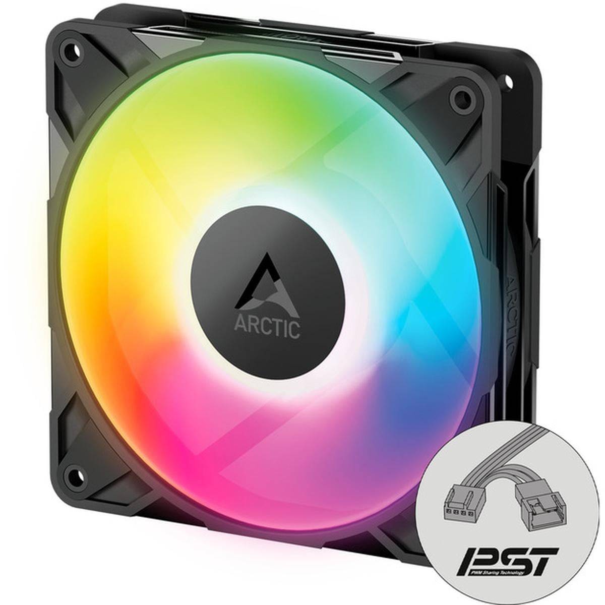 RGB-Computergehäuselüfter mit ARCTIC-Logo, Vorderansicht mit Regenbogenleuchtung und PBT-Stecker-Einsatz