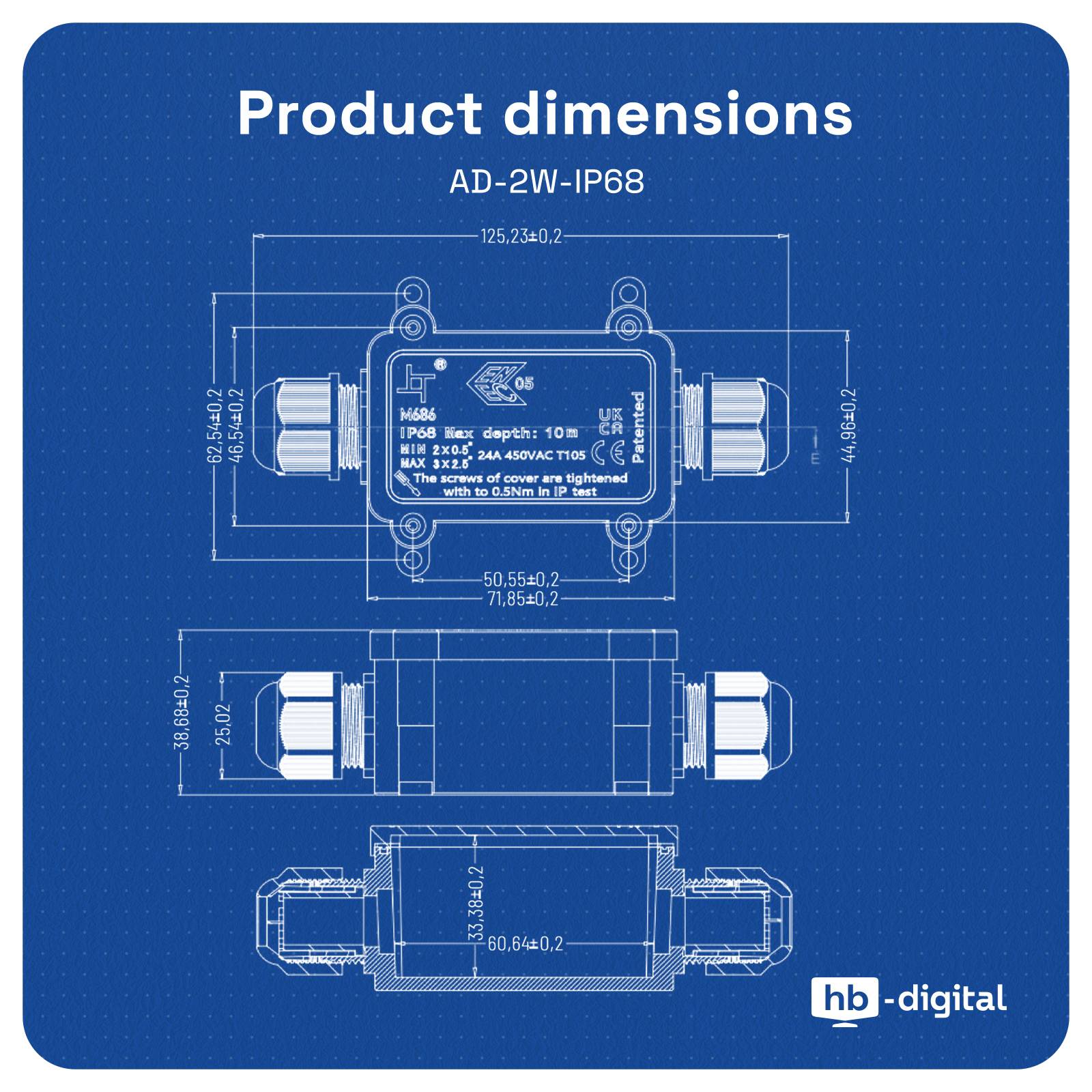 hb-digital Abzweigdose wasserdicht IP68 2 Wege Kabeldose Outdoor