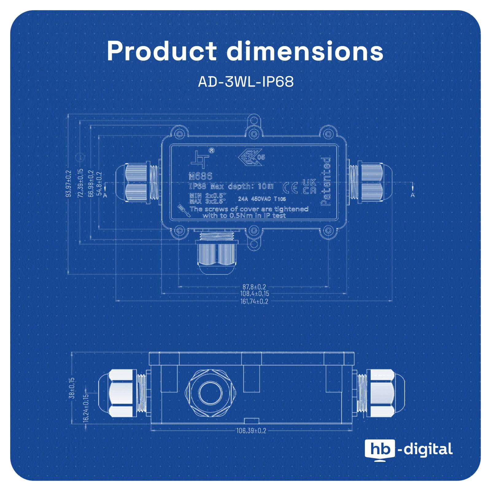 hb-digital Abzweigdose wasserdicht IP68 3 Wege Typ L Installationsdose