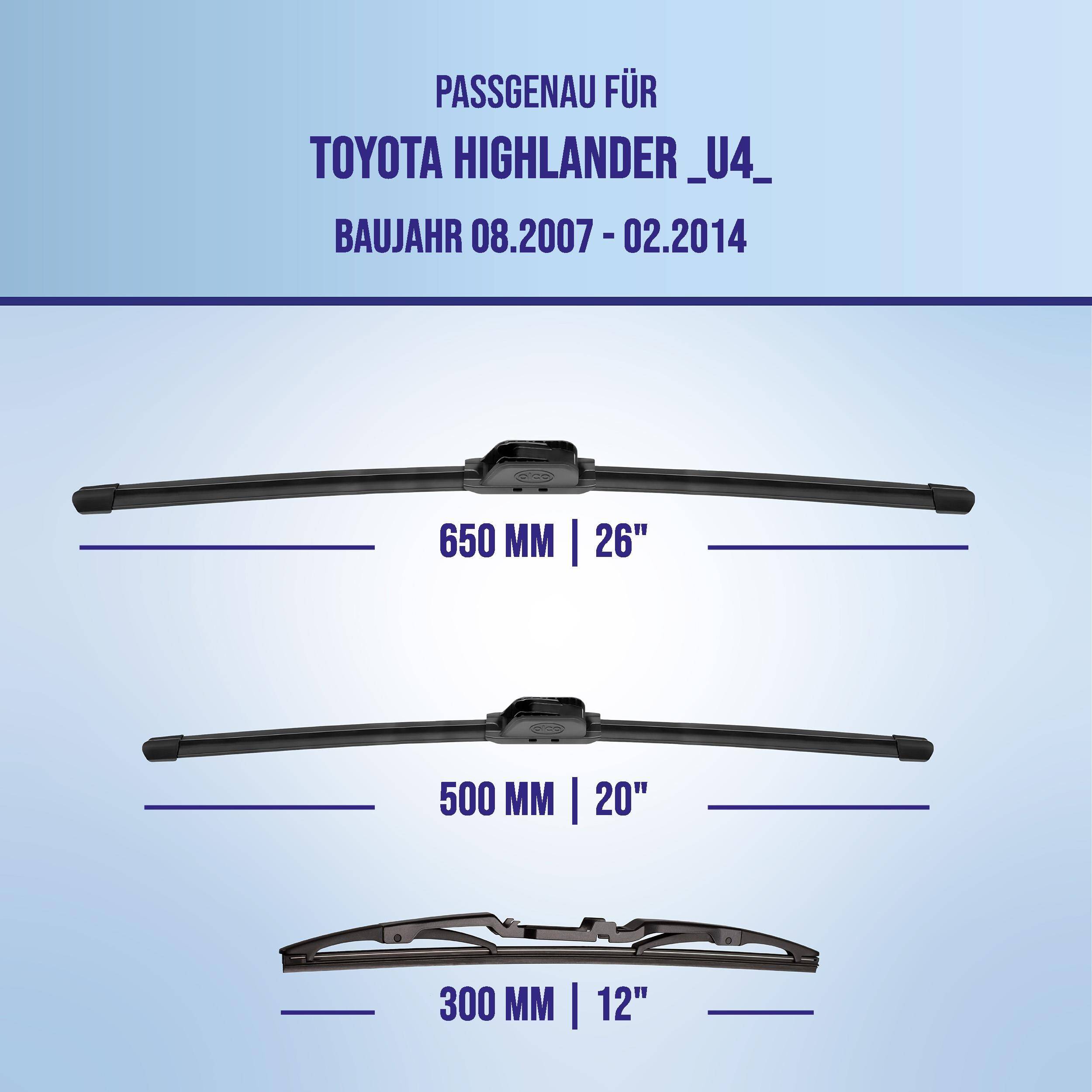 Grafik zeigt kompatible Wischerblätter für Toyota Highlander U4, Modelljahre 08.2007-02.2014: 650 mm (26