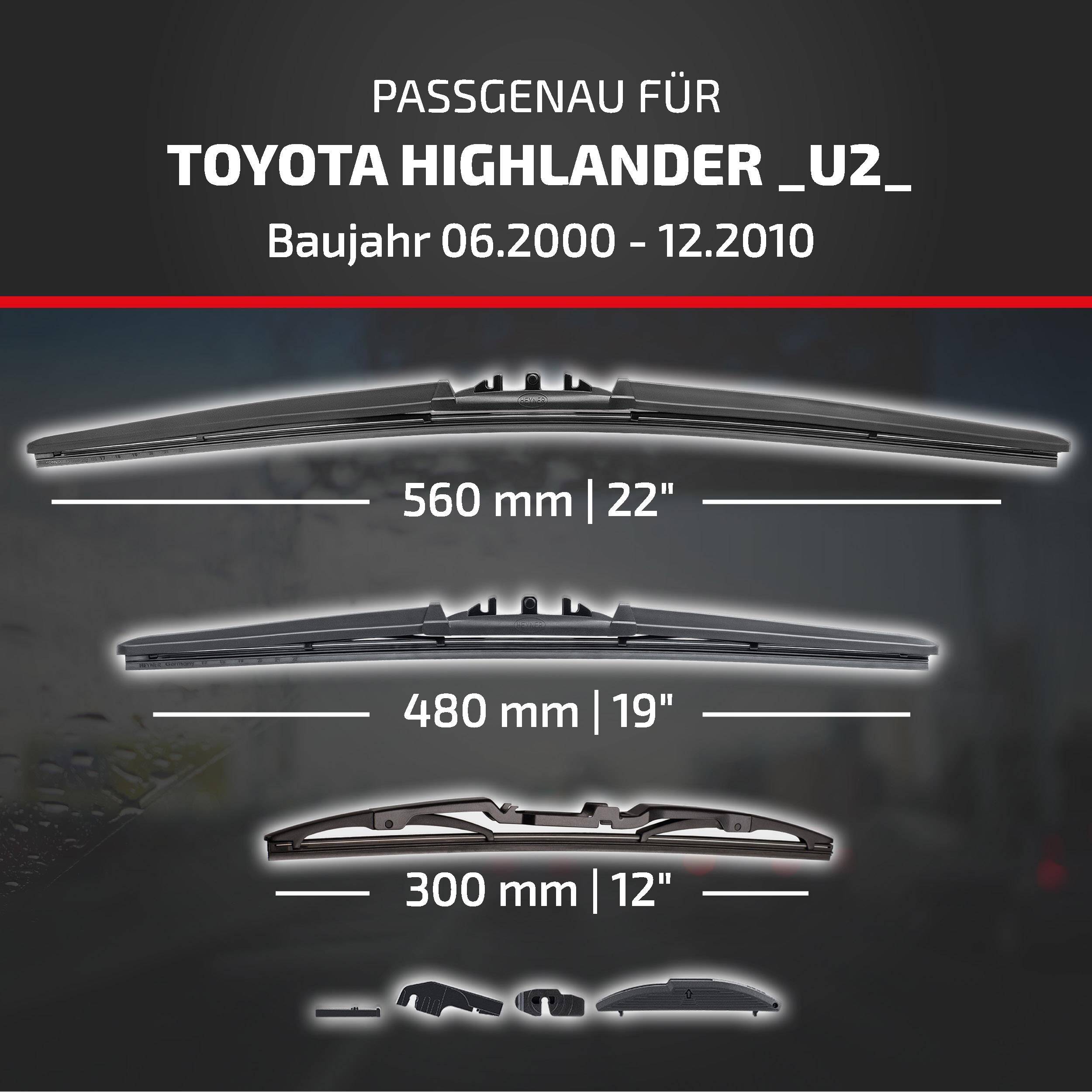 HEYNER® Scheibenwischer Komplettset für TOYOTA HIGHLANDER 06.2000 - 12.2010, HYBRID Flachbalkenwischer,