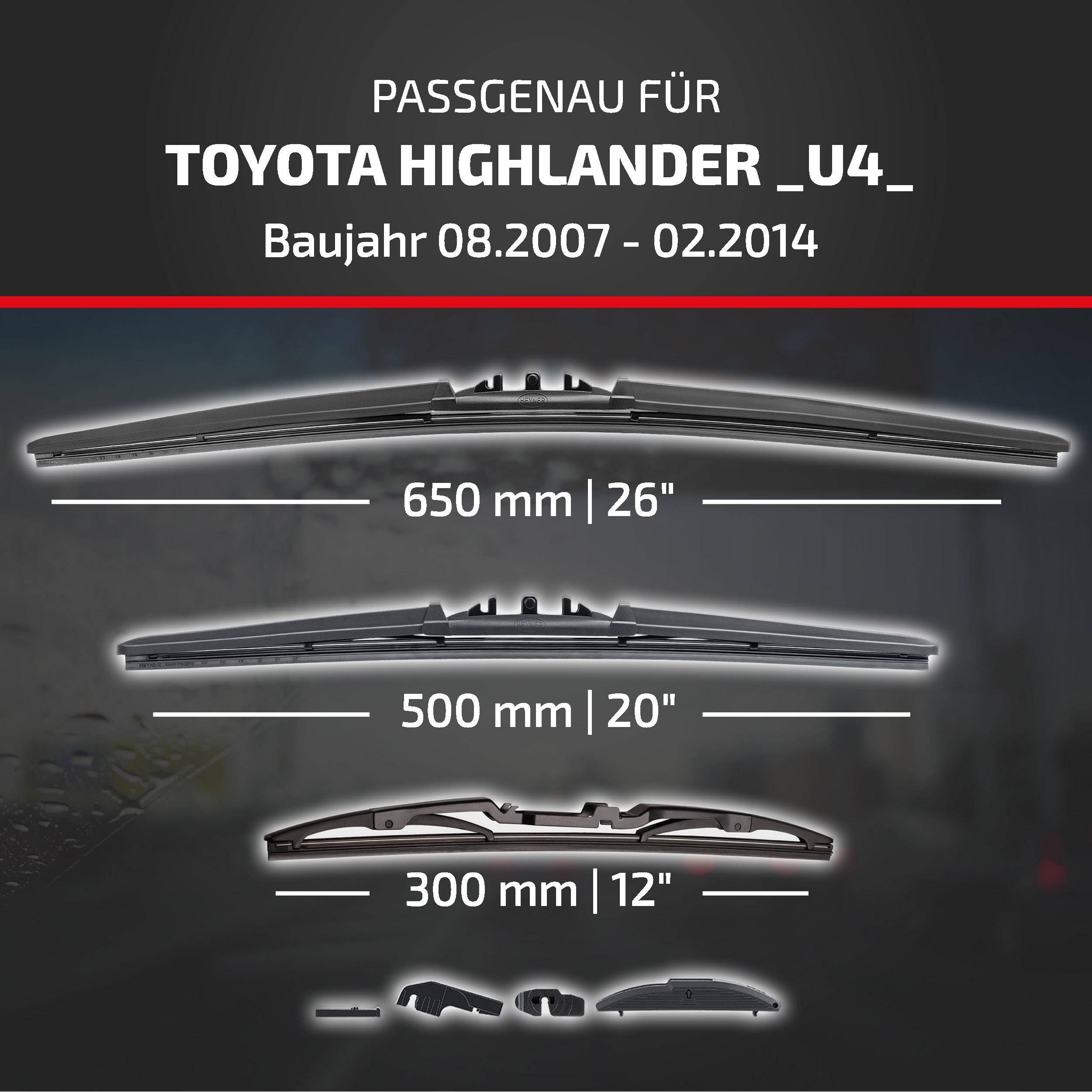 Größenleitfaden für Scheibenwischerblätter des Toyota Highlander _U4_ (08.2007–02.2014): 650 mm/26
