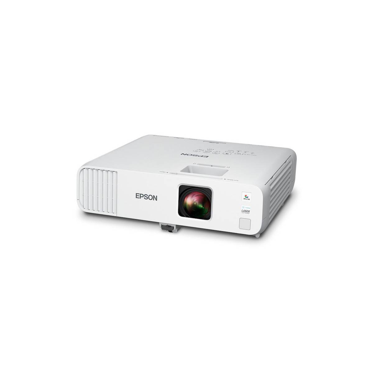 Weißer Epson-Projektor auf einfachem Hintergrund, angewinkelte Vorderansicht mit sichtbarem Objektiv und Steuertasten.