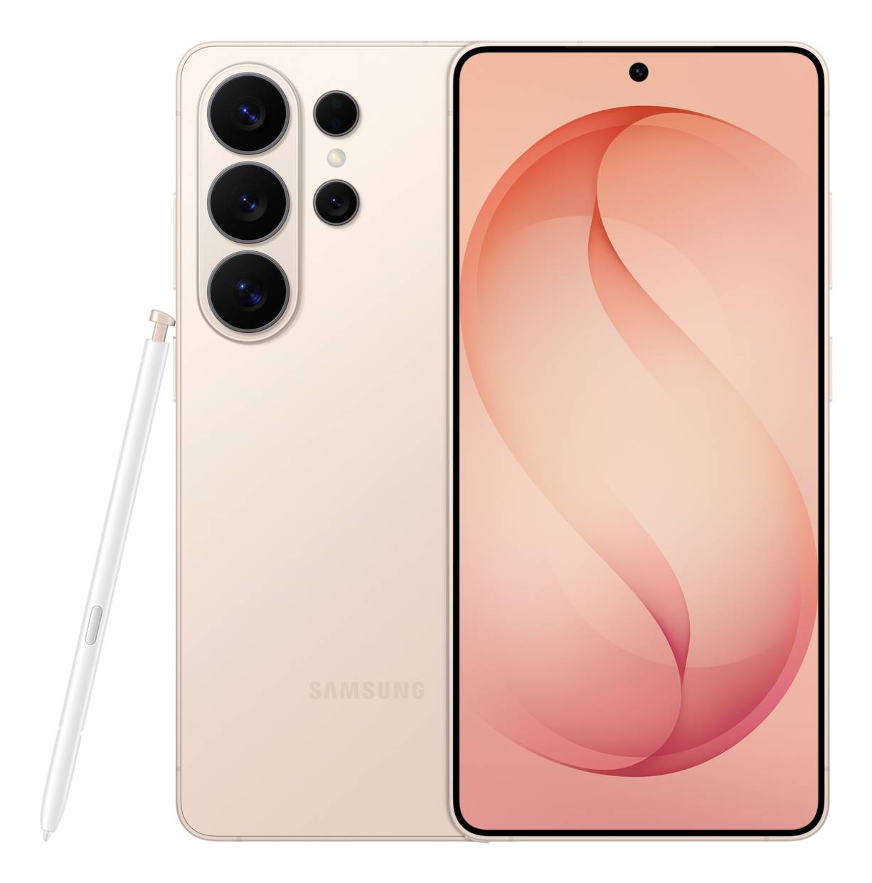 Gold Samsung-Smartphone von vorne und hinten gezeigt, mit dreifacher Rückkamera und einem weißen Stift daneben.