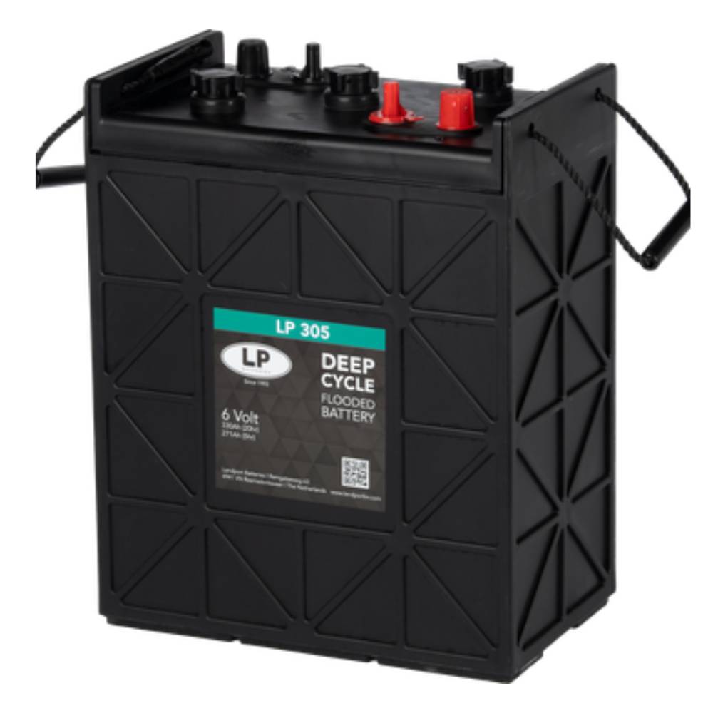Schwarze 6-Volt-Blei-Säure-Batterie mit Tragegriff und Anschlüssen oben, Modell LP 305.