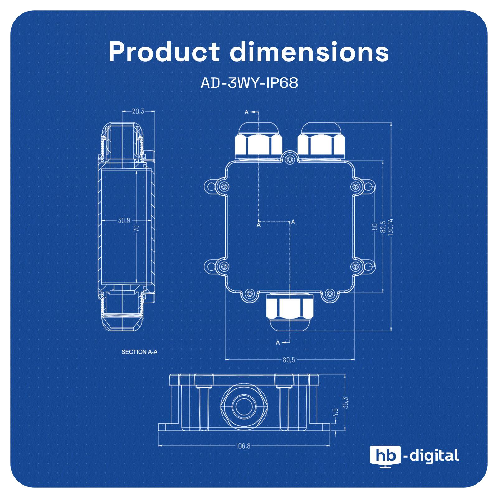 hb-digital Abzweigdose wasserdicht IP68 3 Wege Typ Y Installationsdose