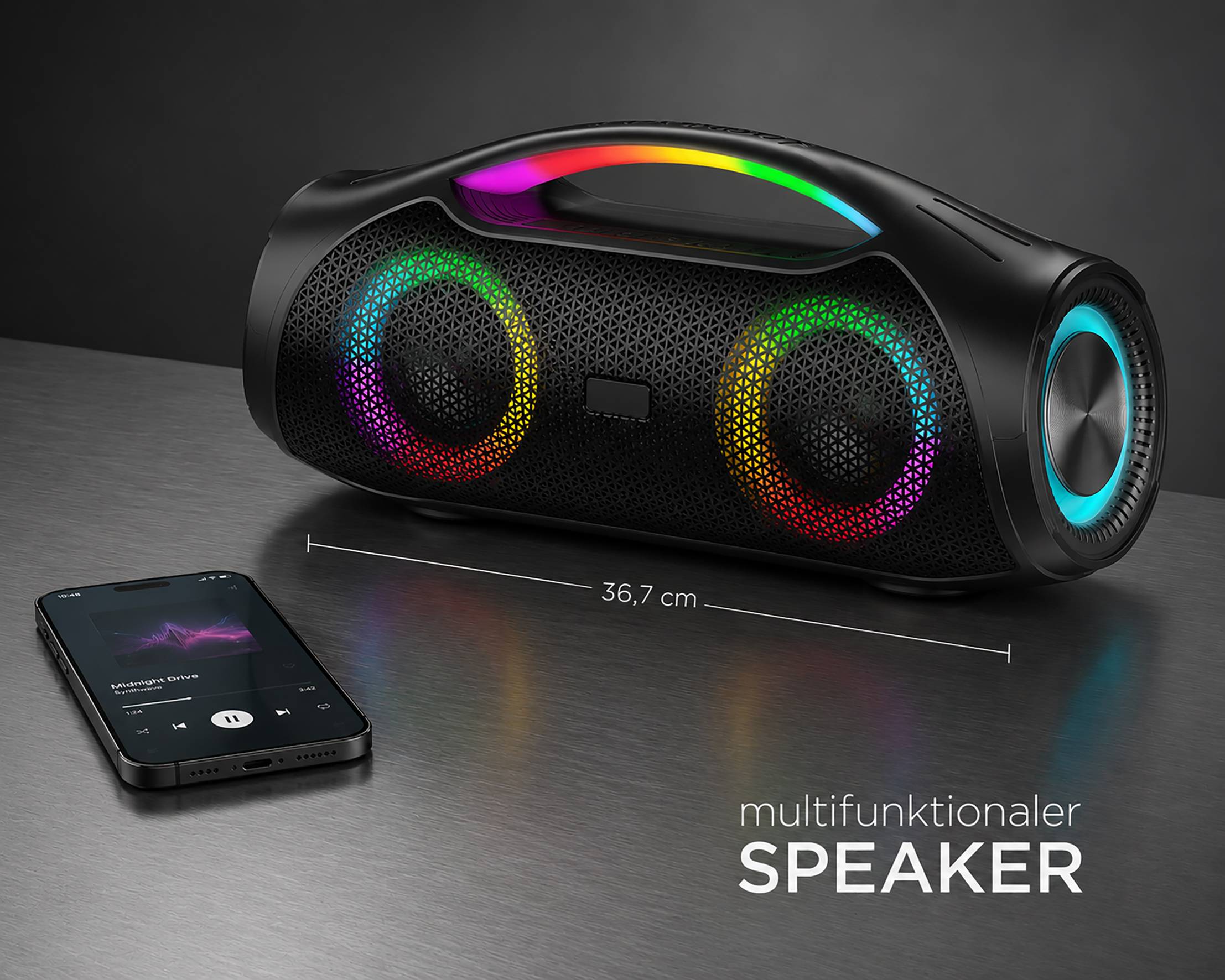 JTC-24 LED Bluetooth BoomBox30, 30W Stereo, USB, AUX, microSD, RGB LED Beleuchtung