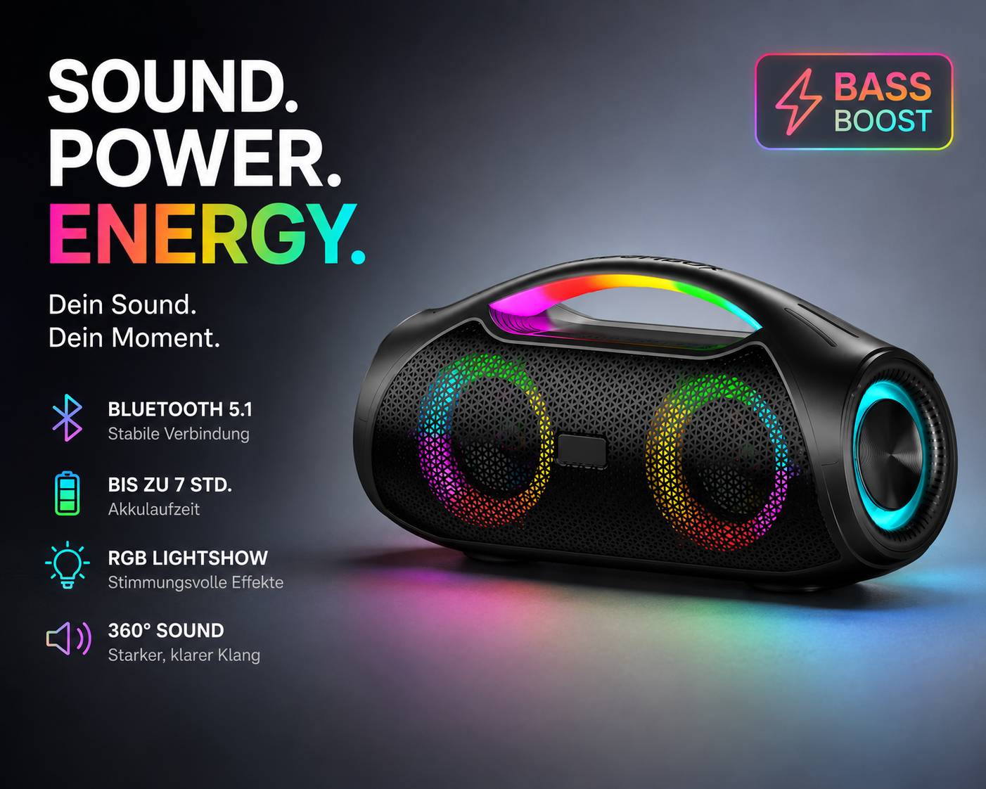 JTC-24 LED Bluetooth BoomBox30, 30W Stereo, USB, AUX, microSD, RGB LED Beleuchtung