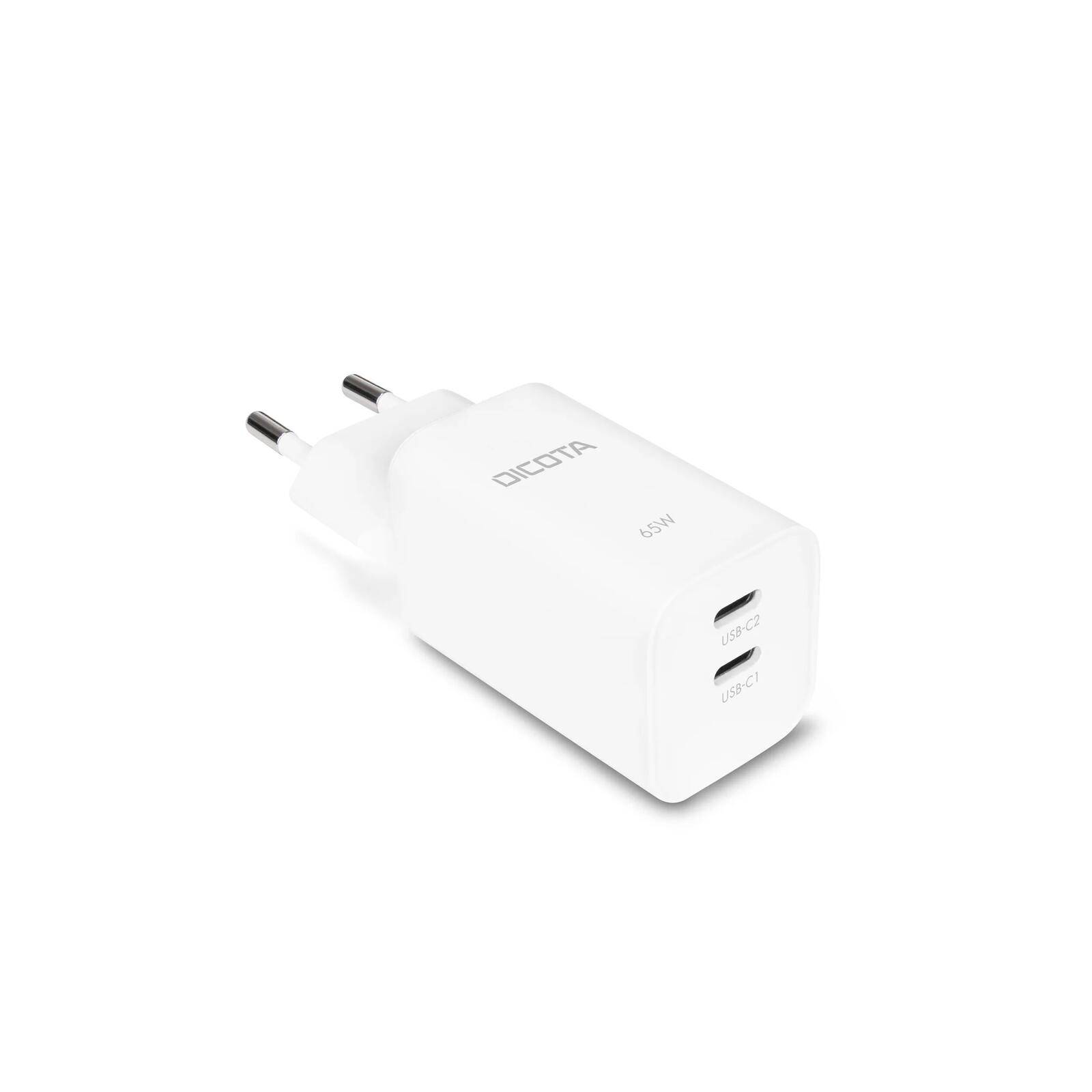 Weißes DICOTA USB-Wandladegerät mit zwei USB-C-Anschlüssen und EU-Zweipolstecker auf neutralem Hintergrund.