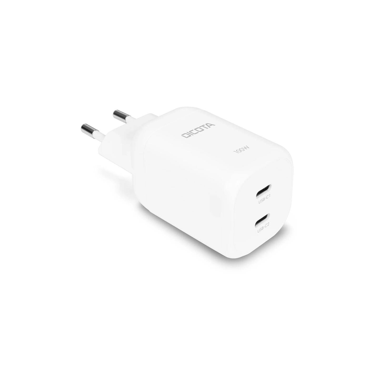 Weiß doppelpoliger USB-Wandladegerät mit zweipoliger Steckdose, gezeigt auf einfachem Hintergrund.