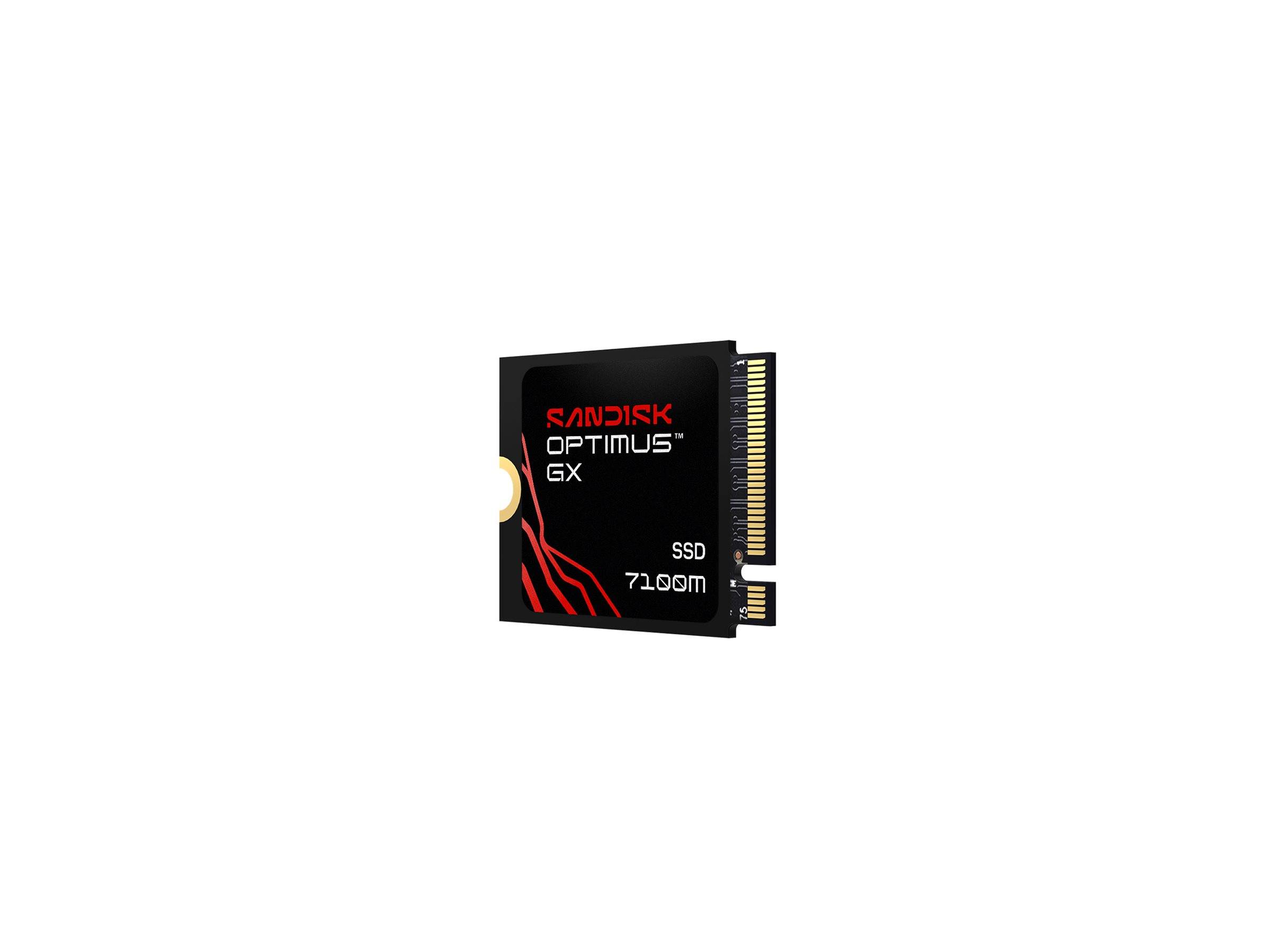 SanDisk Optimus GX SSD-Laufwerk auf weißem Hintergrund gezeigt, in einem Winkel angebracht, um die Connector-Seite anzuzeigen.