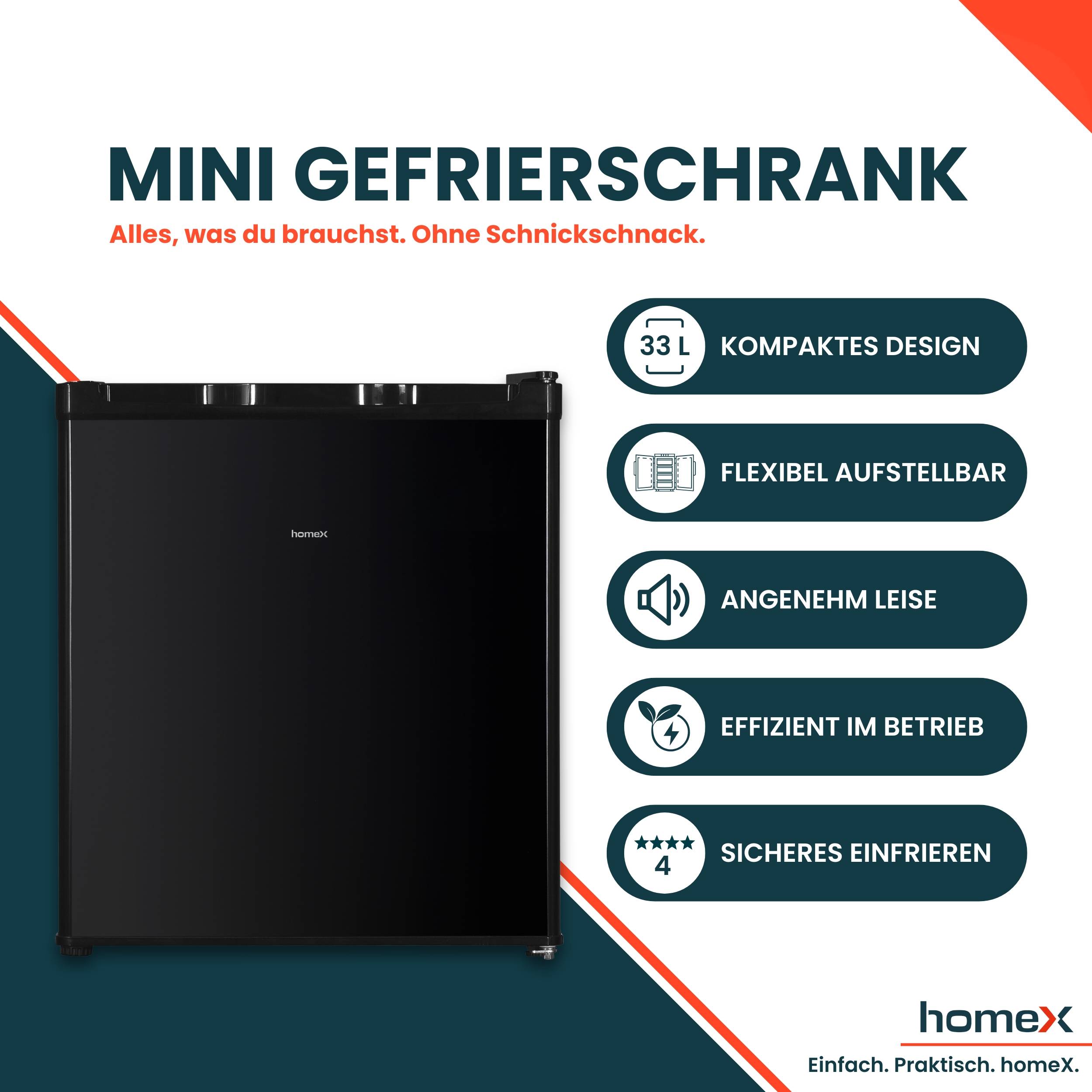 homeX FM1015-B Mini Gefrierschrank, Gefriertruhe klein - 33L Nutzinhalt, 4-Sterne Gefrierbox, Freezer, Tiefkühlschrank