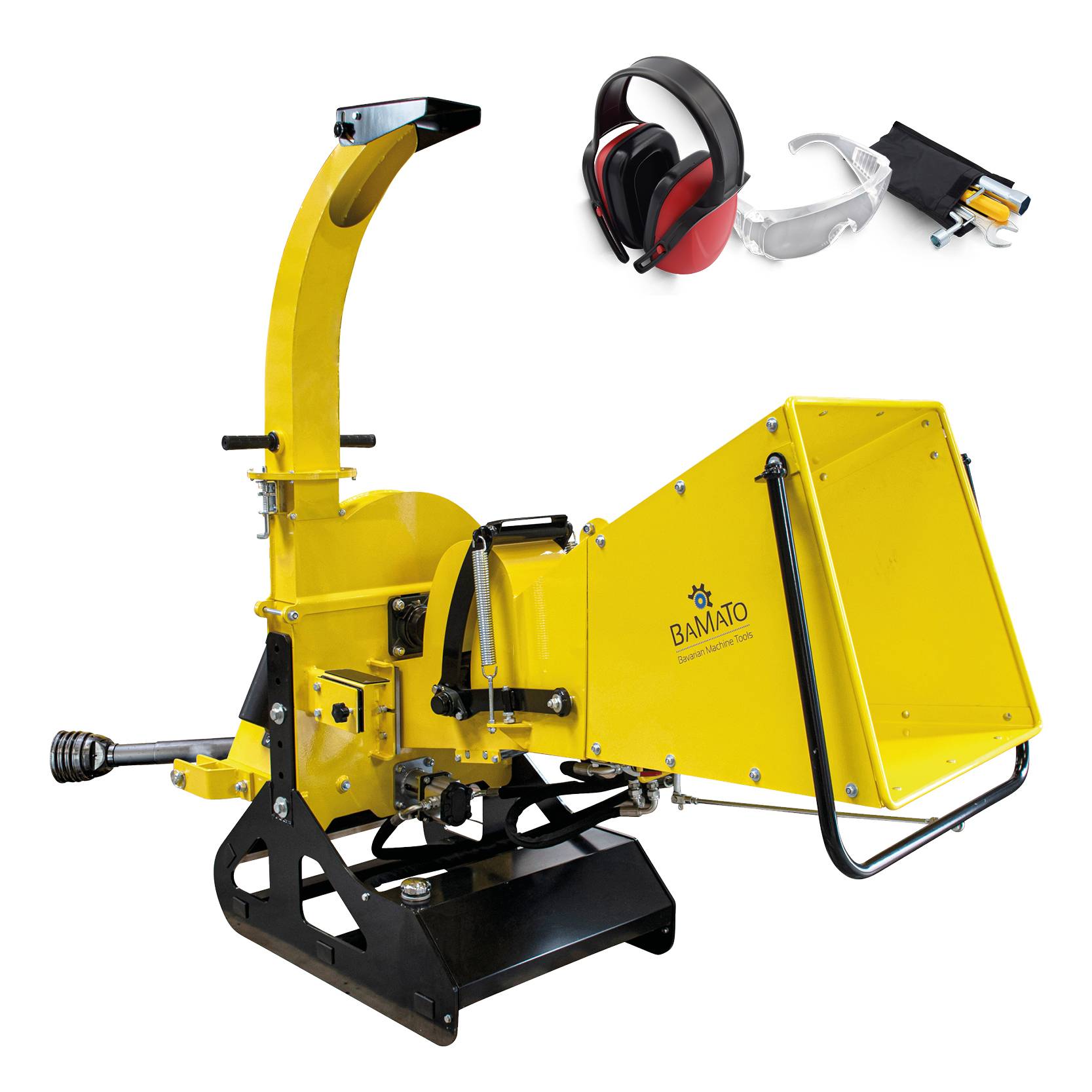 Gelbe Holzschredder-/Häckselmaschine mit Trichter, Auswurfrinne und Schutzausrüstung, die darüber gezeigt wird.