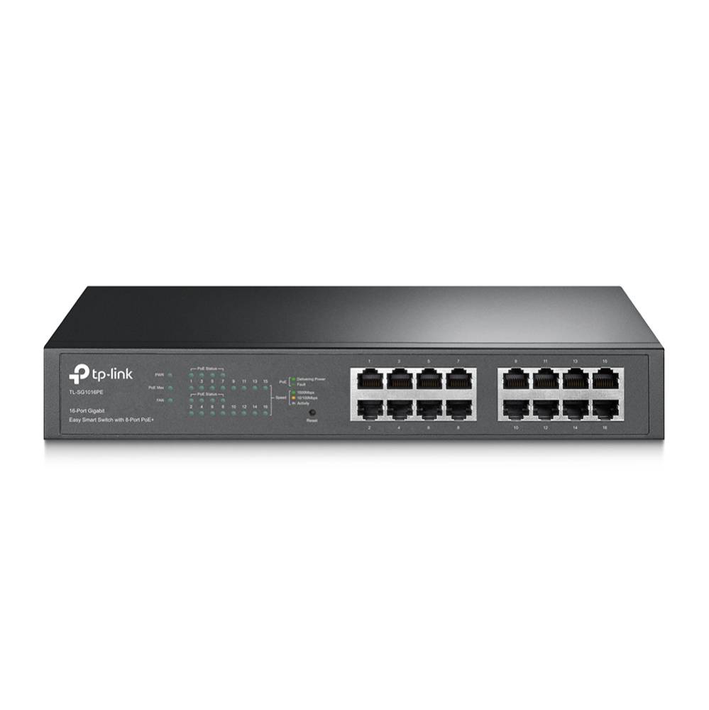 Vorderansicht eines TP-Link Rack-Ethernet-Switches mit 16 Anschlüssen und Status-LEDs auf einfachem weißem Hintergrund.