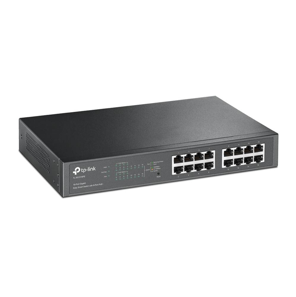 TP-Link Rack-Ethernet-Switch mit 24 RJ45-Anschlüssen und Statusleuchten auf einem schwarzen Metallgehäuse.