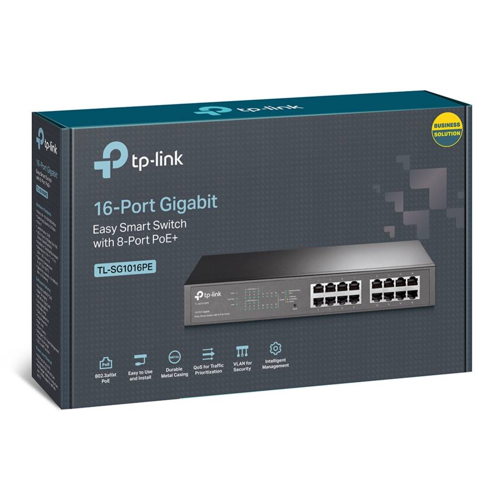 TP-Link 16-Port Gigabit Easy Smart Switch mit 8-Port PoE+, Modell TL-SG1016PE, gezeigt auf der Produktverpackung.