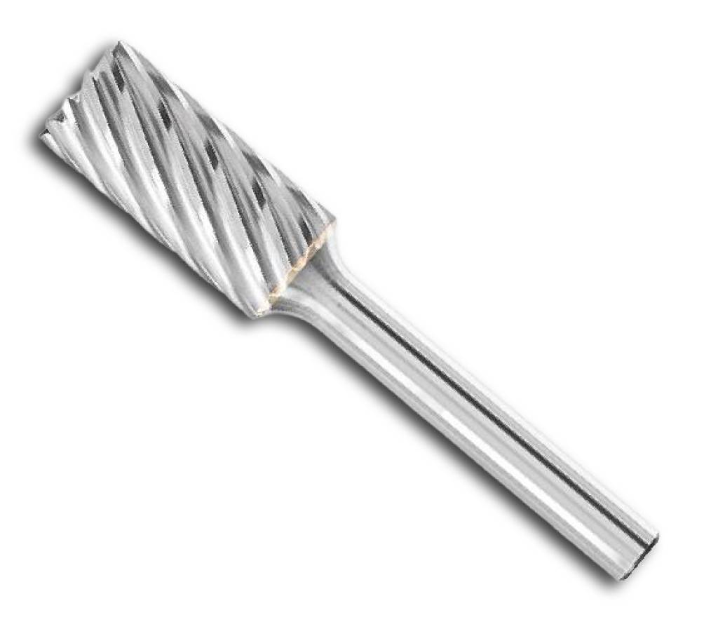 Metallischer Rotationsfräser mit zylindrischem, gerilltem Kopf und langem Schaft auf weißem Hintergrund.