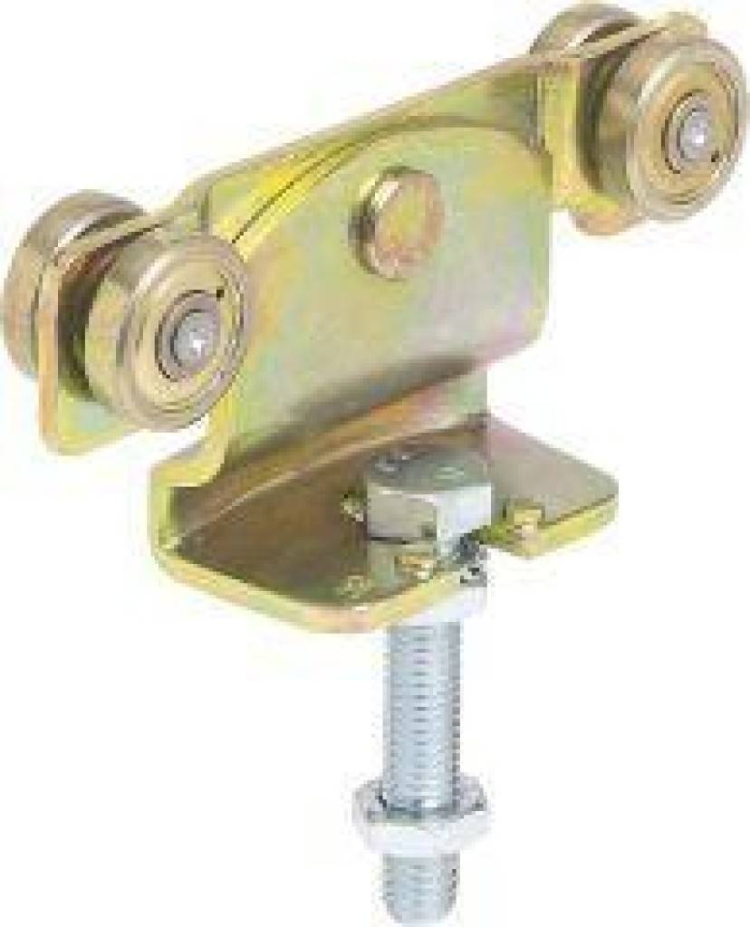 Metallisches Schiebetürrollenhalter mit zwei Rädern und einer verstellbaren Gewindeschraube auf weißem Hintergrund.