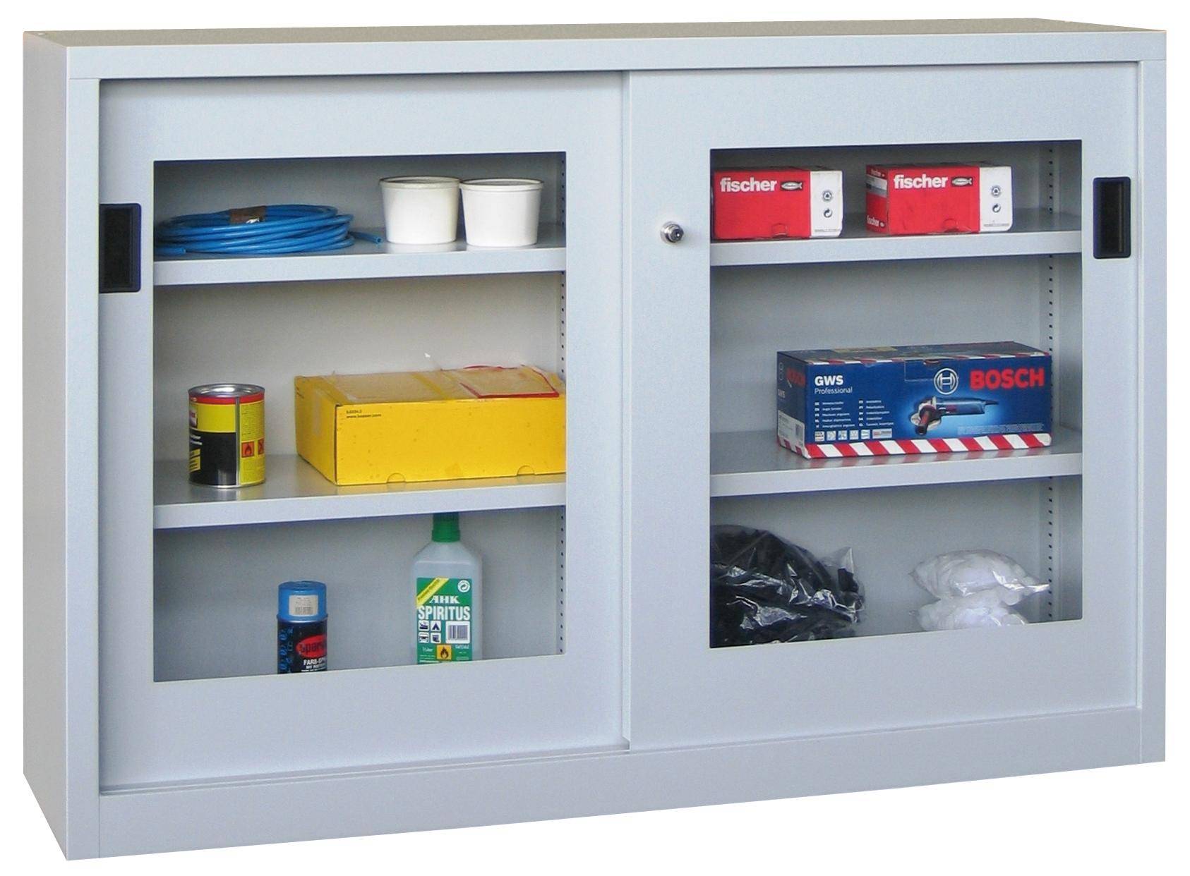 Schiebetürenschrank mit Sichtfenstertüren, 2xverz. Einlegeböden, 1000x1000x400mm HxBxT, Feuerrot