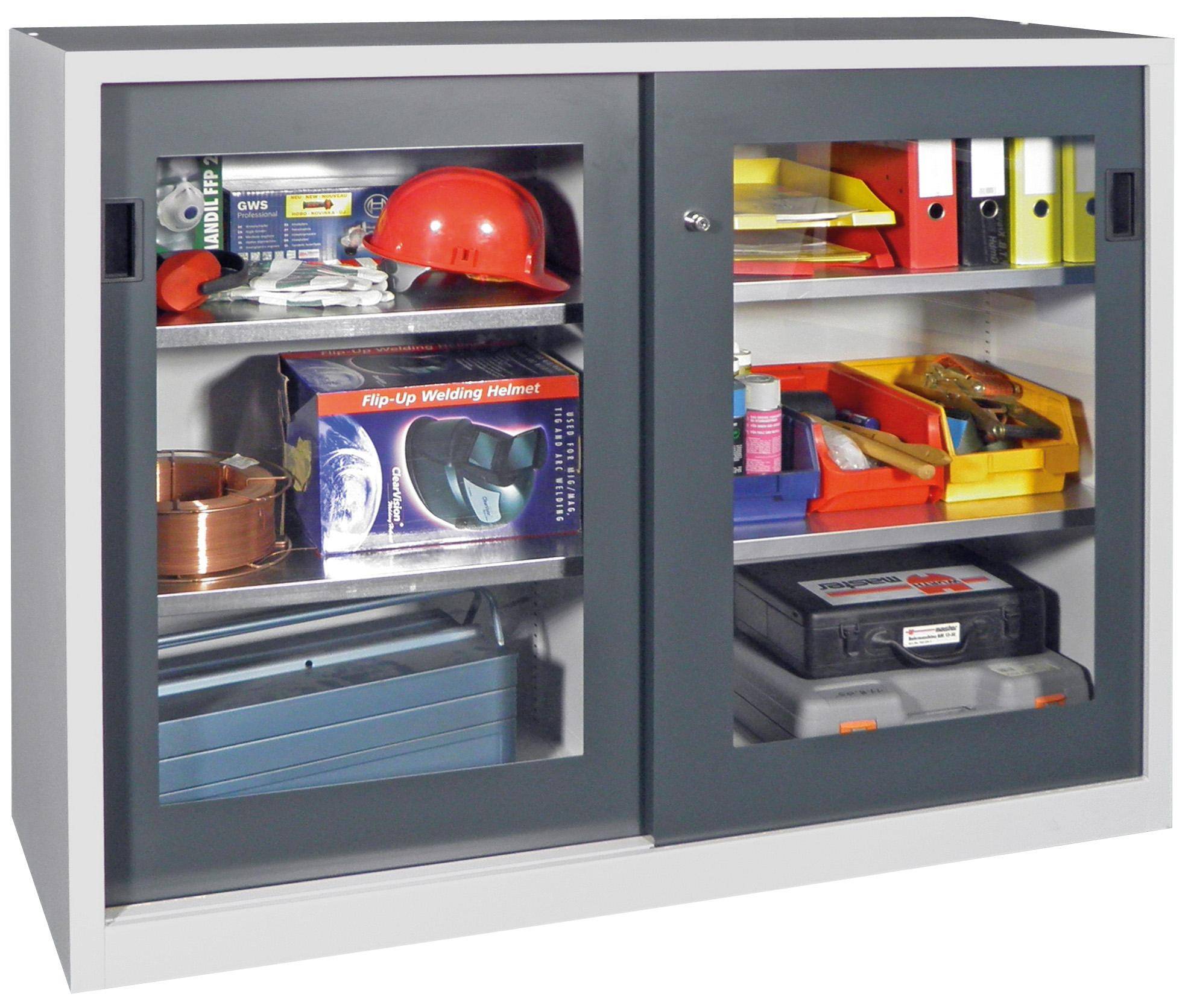 Schiebetürenschrank mit Sichtfenstertüren, 2xverz. Einlegeböden, 1200x1000x500mm HxBxT, Tiefschwarz